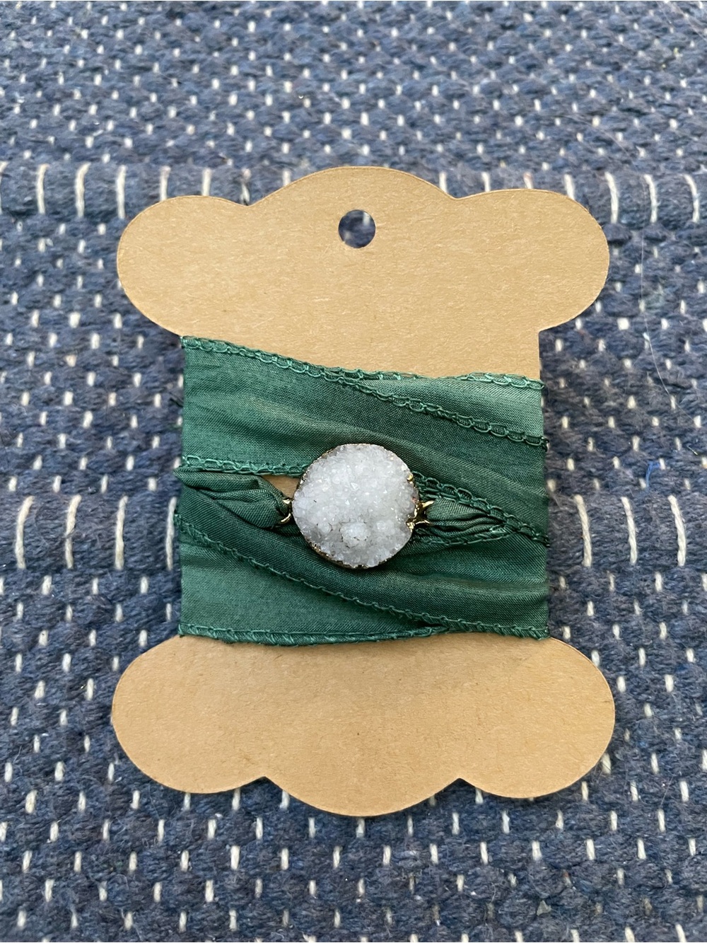 White Druzy Gem Wrap Bracelet with Green Silk Band - Unbranded